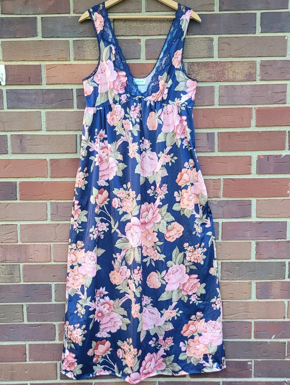 Vintage Lorraine Slip Nightgown Full Length Pink Blue Floral Lace Womens Small